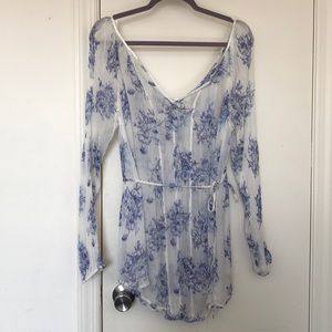 Free People Sheer Ivory Blue Floral Tunic Top S